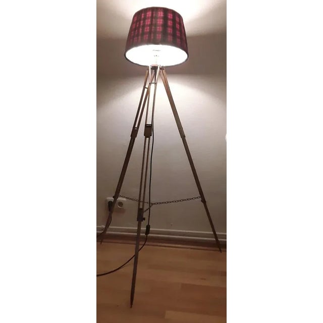 Vintage Floor Lamp with Antique Oak Tripod Frame with Brass Brackets and Handmade Red Fabric Shade from Lamplove, 1890s For Sale - Image 5 of 9