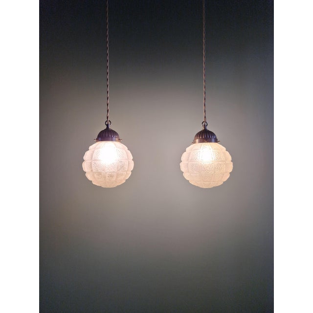 Art Deco Pendant Lights in Pressed Molded Frosted Glass, 1930s, Set of 2 For Sale - Image 15 of 16