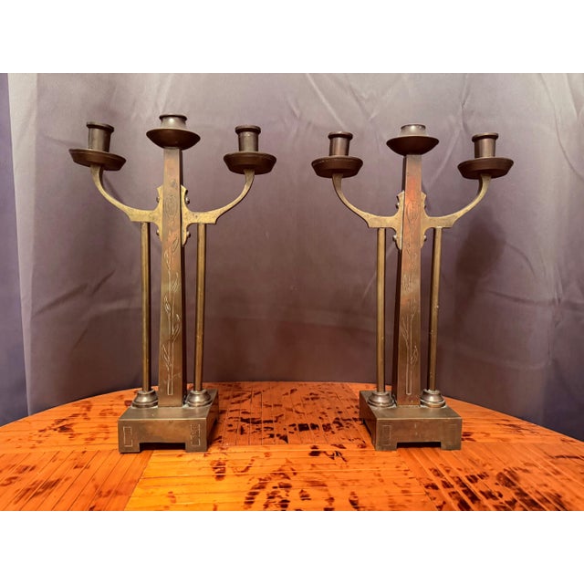 Dutch Amsterdam School Arts and Crafts 1910 Pair of Brass Candleholders For Sale - Image 10 of 15