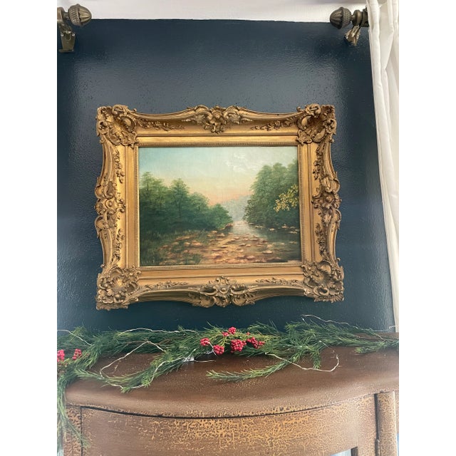 Antique Landscape Oil Painting in Gold Ornate Frame For Sale - Image 4 of 11