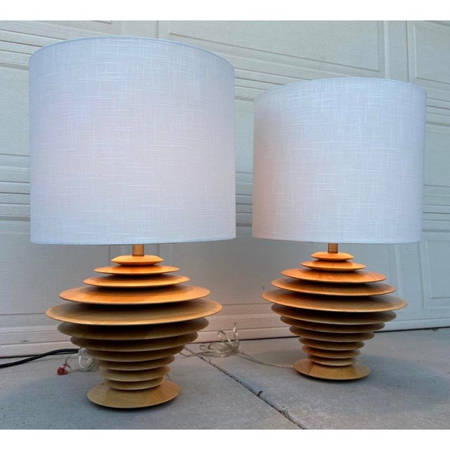 Wood Pair of Discus Table Lamps Attributed to Shepard Vineburg, Los Angeles C. 1980 For Sale - Image 7 of 18