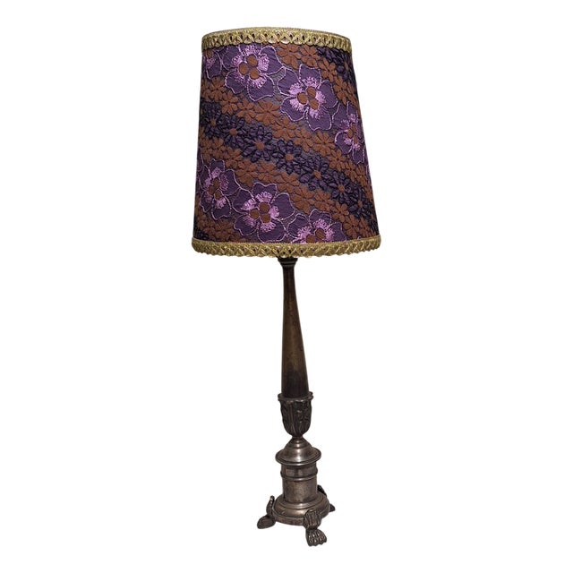 Mid-Century German Table Lamp with Patinated Brass Base and Handmade Fabric Shade, 1960s For Sale