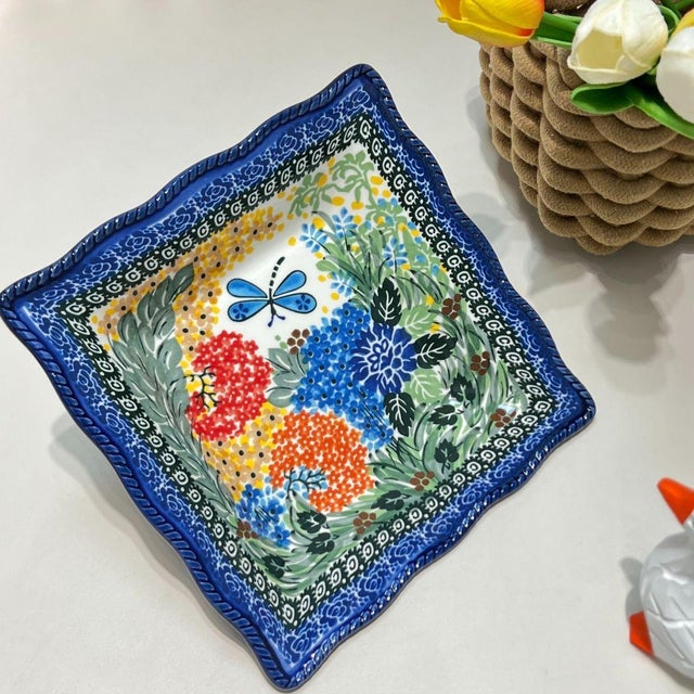 Art Deco Hand-Painted Polish Pottery Square Plate With Floral & Dragonfly Motif For Sale - Image 3 of 4