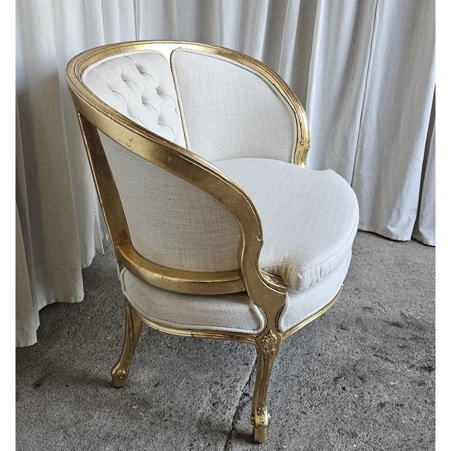 Wood 1920s French Gilt Wood Louis XV Style, Fauteuil Marquise Pair of Chairs, Tufted Chairs For Sale - Image 7 of 18
