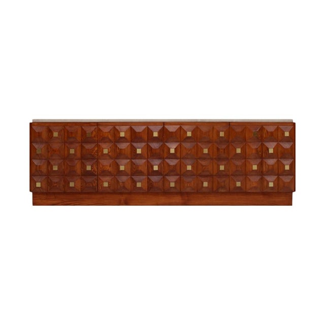 Square Pattern Oak and Brass Sideboard with Travertine Top, Italy, 2000 For Sale - Image 11 of 11