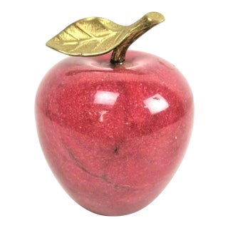 1980s Vintage Red Apple Marble With Brass Leaf and Stem Paperweight Bookend For Sale