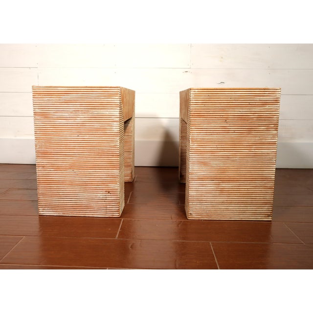 Sarreid Ltd. Vintage Pair Sarreid Stool Bench Table Stacked Striped Wood Made in Spain Minimalist Boho Chic Japandi For Sale - Image 4 of 11