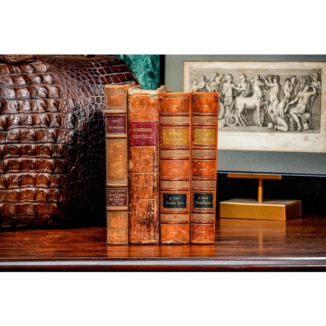 Set of 4, Wonderful Time Worn Collection of Antique Leather Spine Books Home Office Library Decor For Sale - Image 4 of 16