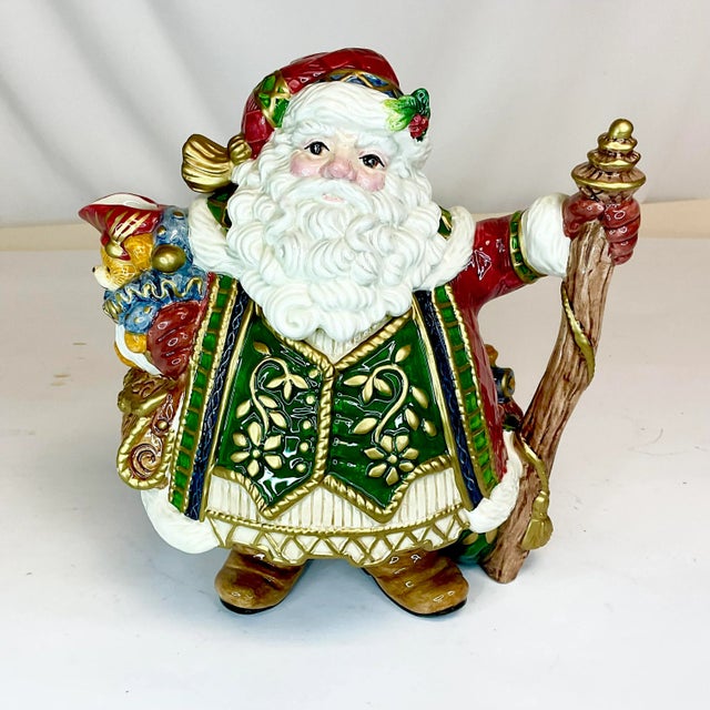 1980s Vintage Majolica Hollywood Regency Fitz & Floyd Christmas Santa Tea Pot For Sale - Image 6 of 9