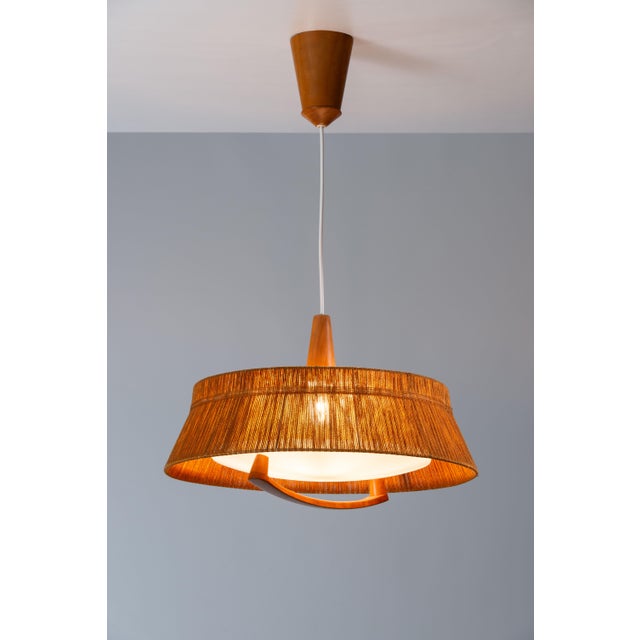 Large Teak and Sisal Pendant Lamp attributed to Temde Leuchten, 1960s For Sale - Image 13 of 13