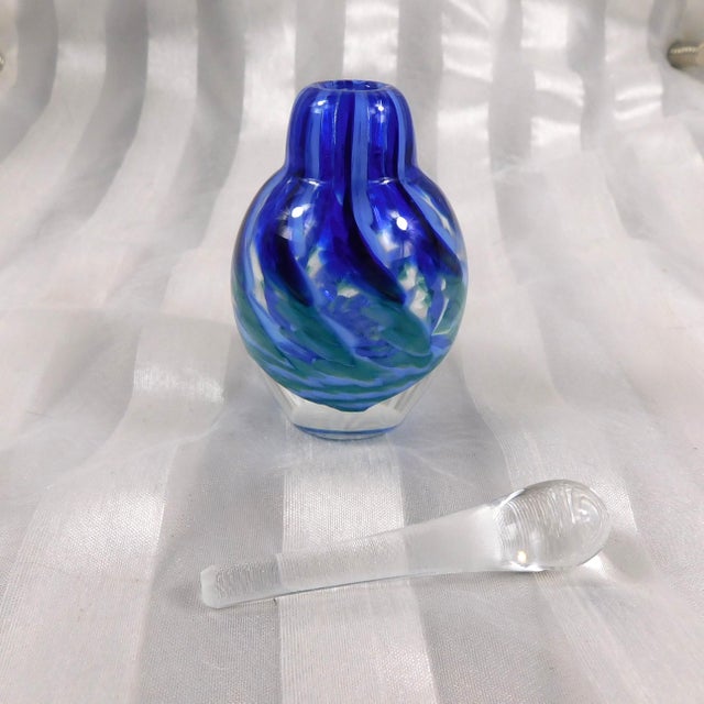Contemporary 1980s Small Blue Striped Art Glass Perfume Bottle For Sale - Image 3 of 6