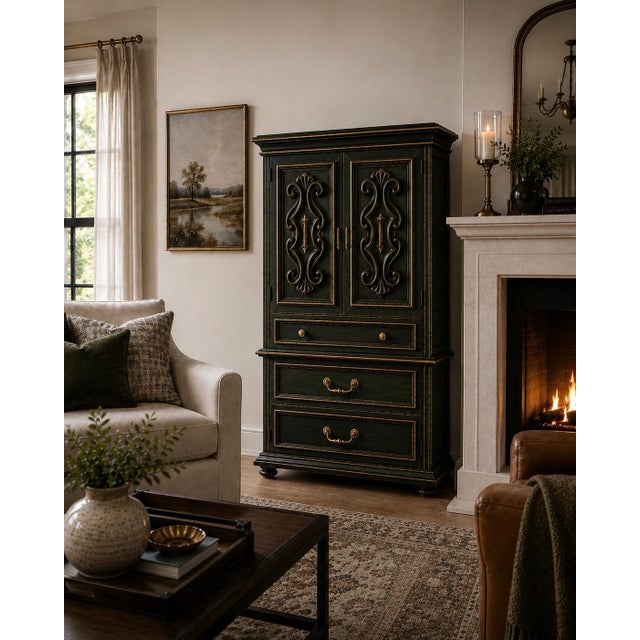 Contemporary Vintage Mediterranean Revival Gentleman’s Dry Bar Cabinet in Onyx Emerald & Gilded Brass For Sale - Image 3 of 6