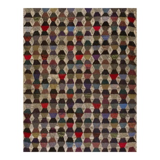 1930s Multicolor Hexagonal Geometric Antique American Hooked Rug 4'2'' X 5'4'' Handwoven Wool Carpet For Sale