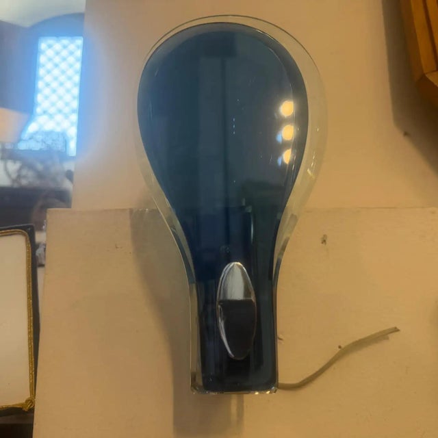 Mid-Century Modern Two 1960s. Space Age Steel and Blue and Verde Nilo Glass Wall Sconces by Veca For Sale - Image 3 of 15