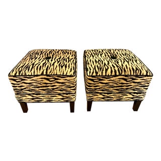 Pair of Zebra Print Upholstered Square Ottomans For Sale