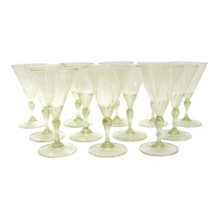 Set of 12 Venetian or Murano Green Glass Wine Goblets With Gold Inclusions For Sale