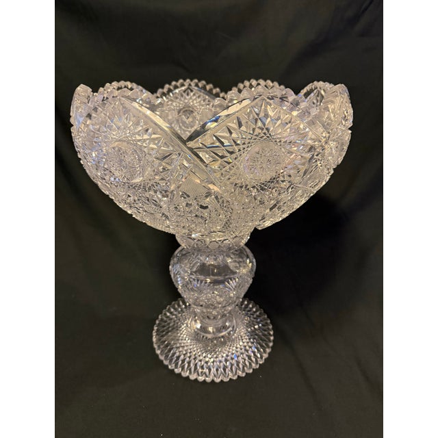 Rare Large Antique American Brilliant Period Cut Glass Pedestal Compote – 17” Tall, Deep Hobstar & Russian Pattern For Sale In Los Angeles - Image 6 of 9