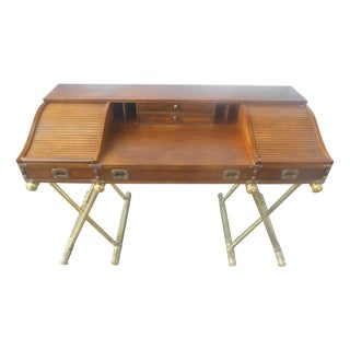 Vintage 1970's Drexel Oxford Square Campaign Style Desk Faux Brass Legs For Sale