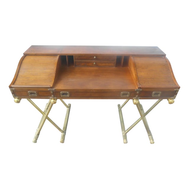 Vintage 1970's Drexel Oxford Square Campaign Style Desk Faux Brass Legs For Sale