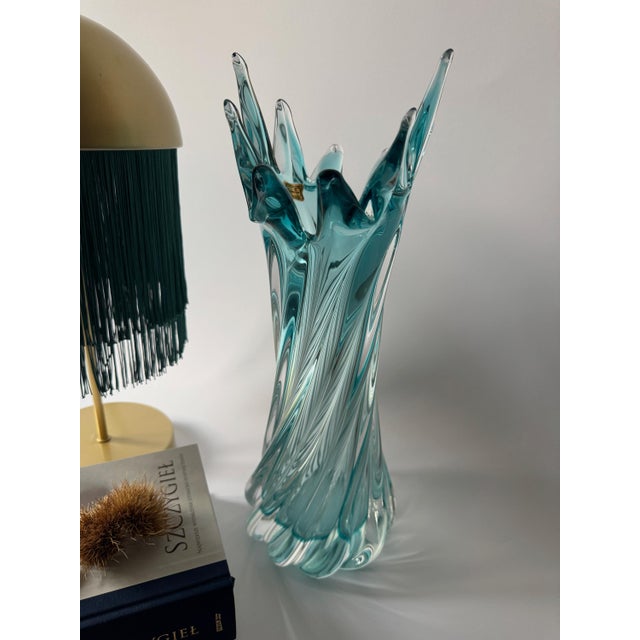 Vintage Aquamarine Bohemian Art Glass Sculptural Vase from Egermann, 1980s For Sale - Image 6 of 15