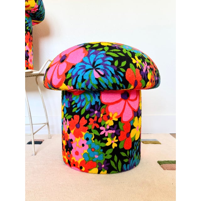 Mushroom Ottoman in Colorful Floral Mid Century Vintage Fabric For Sale - Image 4 of 15