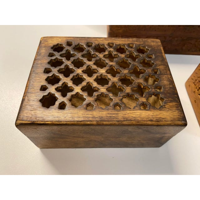 Indian Indian Wood Hand-Carved Boxes, S/3 For Sale - Image 3 of 10