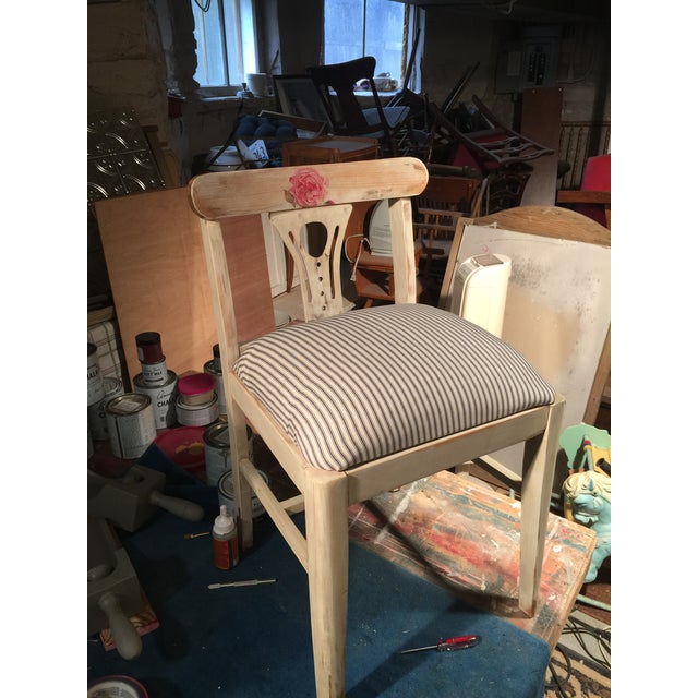 Perfect little vanity seat with blue ticking upholstery. A beautiful chair that you will love having in your home