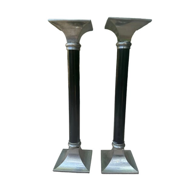 Art Deco Set of Two Vintage Black and Silver Art Deco Candle Sticks Chrome For Sale - Image 3 of 12