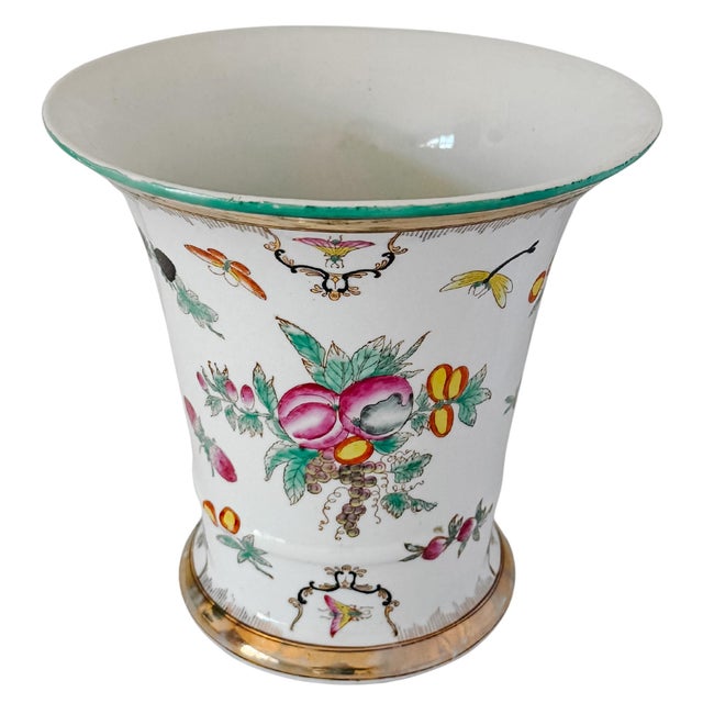 Vintage Chinese Export Porcelain Cachepot – Botanical Fruit & Butterflies Motif With Gilt Trim For Sale In San Diego - Image 6 of 10