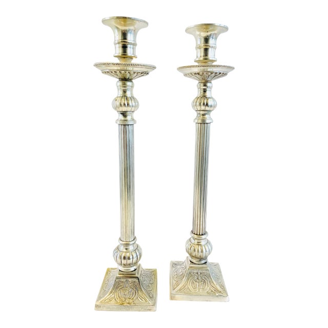 1970s Neoclassical Style Silver Plated Pair of Candleholders For Sale