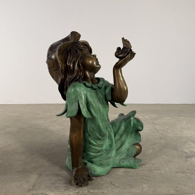 Early 21st Century Bronze Garden Girl With Bird Sculpture – Verdigris Dress, 25” H Outdoor Statue For Sale - Image 5 of 9