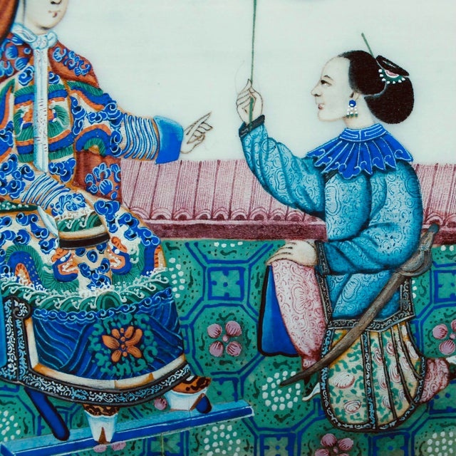 Blue Trio of Fine Chinese Export Paintings on Mulberry Pith Paper, 19th Century For Sale - Image 8 of 18