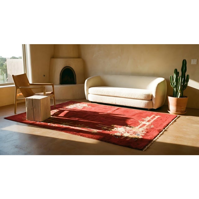 Beautiful Red Color With Deliciated Floral Design Antique Chinese Art Deco Rug For Sale - Image 10 of 12