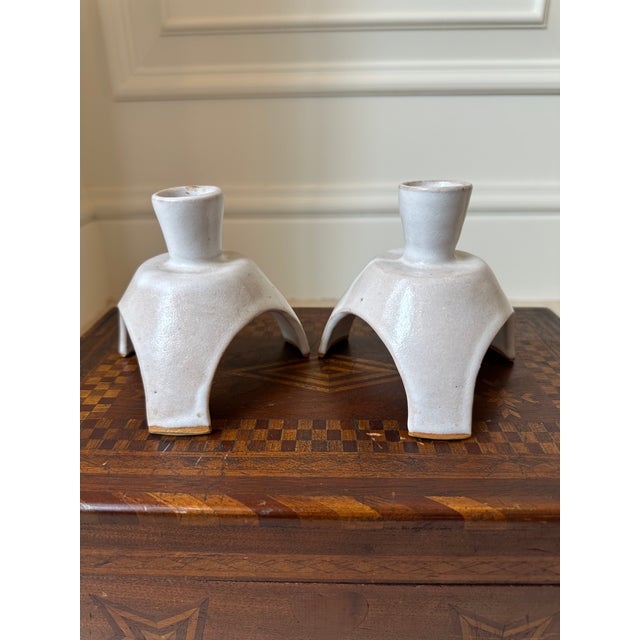 Vintage Handcrafted Signed Atomic Glazed Terracotta Candleholders - A Pair For Sale In Los Angeles - Image 6 of 18