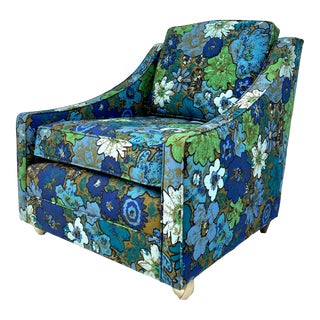 1950's Mid-Century Modern Hollywood Regency Blue Floral Club Chair For Sale