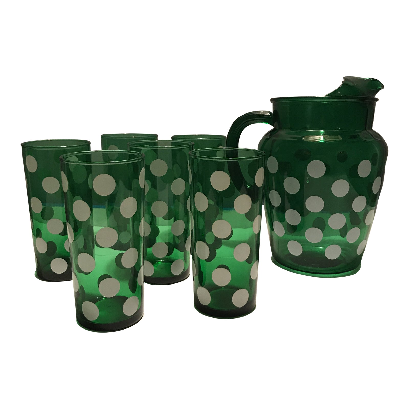 1930s Vintage Anchor Hocking Green Polka Dot Glasses & Pitcher Set of 7