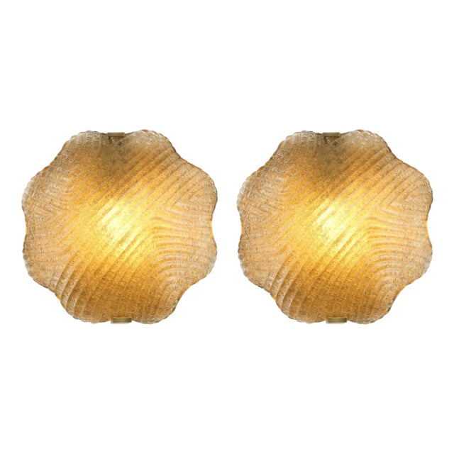 Vintage Wall Lamps in Brass and Textured Glass, Set of 2 For Sale