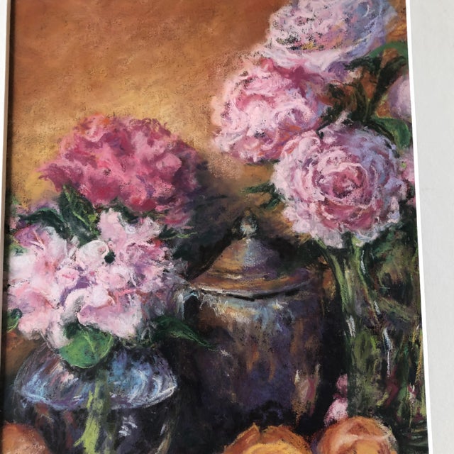 Traditional Vintage Original Tabletop Still Life Pastel Drawing Pink Roses With Faux Bamboo Frame For Sale - Image 3 of 5