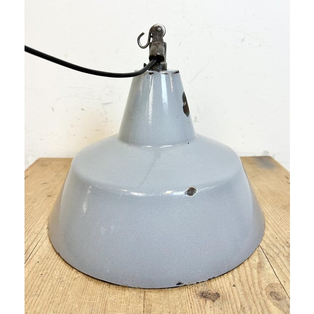 Industrial Grey Enamel Factory Pendant Lamp, 1960s For Sale - Image 13 of 18