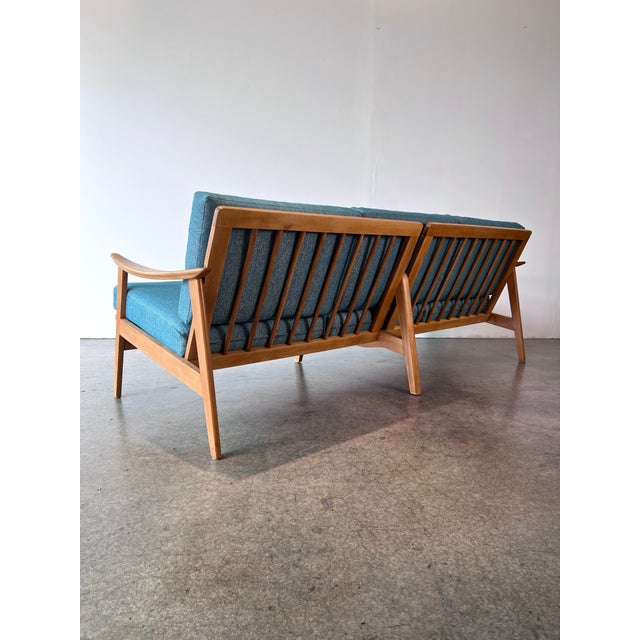 1960s Beechwood Mid Century Danish Modern 3 Seater Sofa Reupholstered in a Blue Chenille For Sale - Image 4 of 10