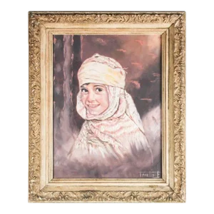 Vintage Oil on Canvas a Portrait Painting of a Young Girl