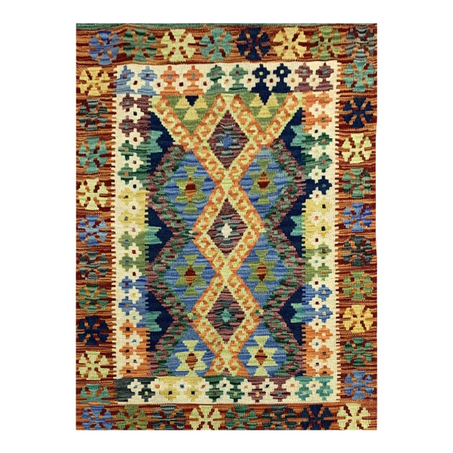 New Afghan Chobi Hand Woven Veg Dyed Wool Kilim Area Rug 4.8 X 2.9 Ft For Sale