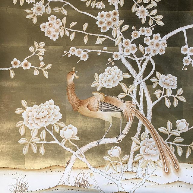 Silver Leaf Chinoiserie Hand-Painted Pale Blue Peony & Bird Wall Panels (Set of 5) For Sale - Image 4 of 15