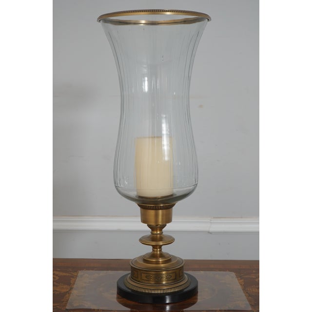 Traditional Pair Quality Large Glass & Brass Hurricane Candlesticks For Sale - Image 3 of 11