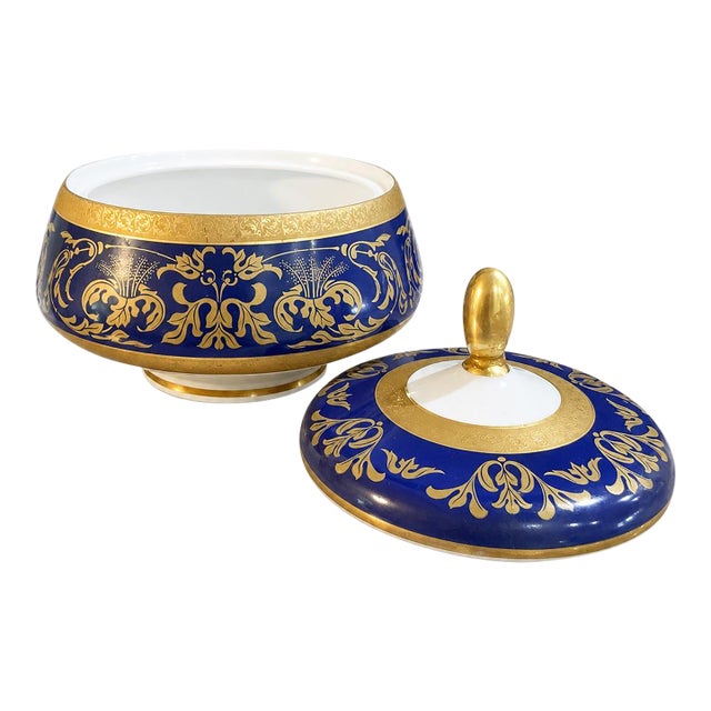 Rudolf Wächter Bavarian Cobalt Covered Dish With Hand Decorated Gold Gilt – German Porcelain - Grandmillennial, Palm Beach & Traditional - See Pics! For Sale