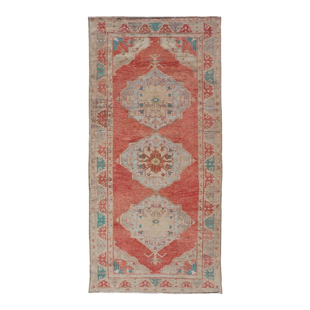 Vintage Turkish Oushak Gallery Runner With Floral's in Orange and Green For Sale