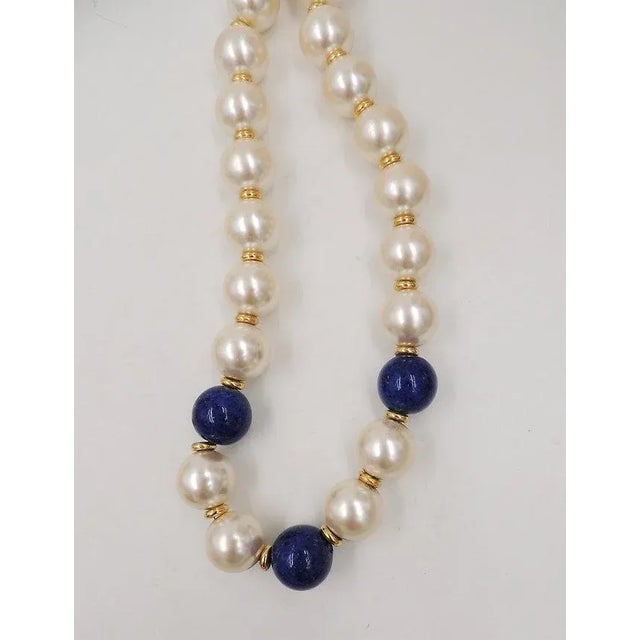 Metal Vintage Circa 1992 Signed Napier Mabe Faux-Pearl & Lapis Necklace For Sale - Image 7 of 12