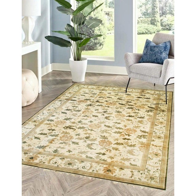 8x10 Ivory Hand-Knotted Wool Floral Scrollwork Geometric Modern Carpet Rug For Sale - Image 9 of 10