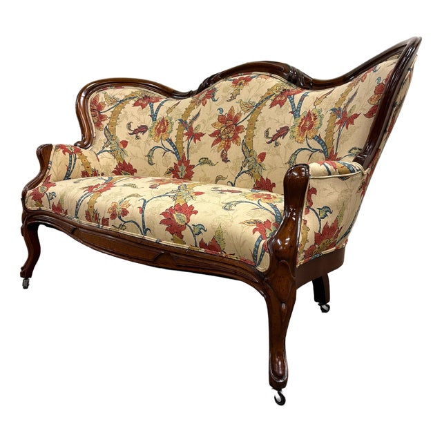 Antique Late 1800s Victorian Carved Walnut Floral Upholstered Parlor Settee For Sale