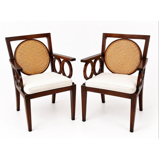 For your consideration is a rare, matching pair of "The Circle Chairs," designed by celebrated interior designer- MARIETTE...